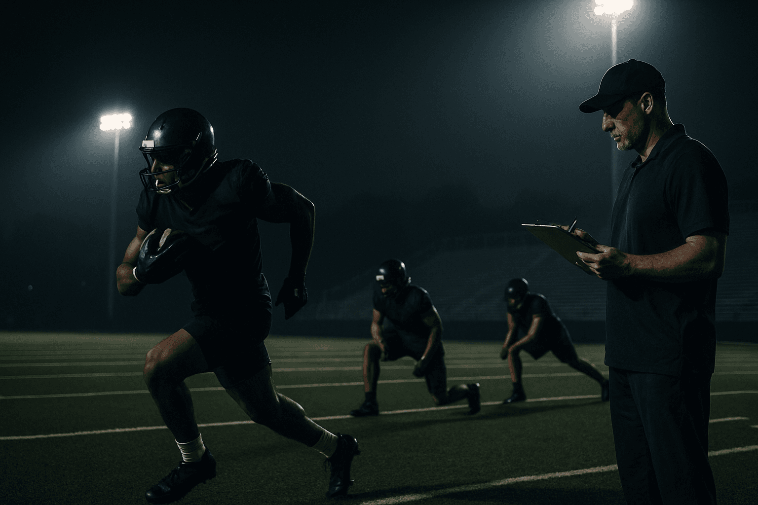 Football coach analyzing players during night practice